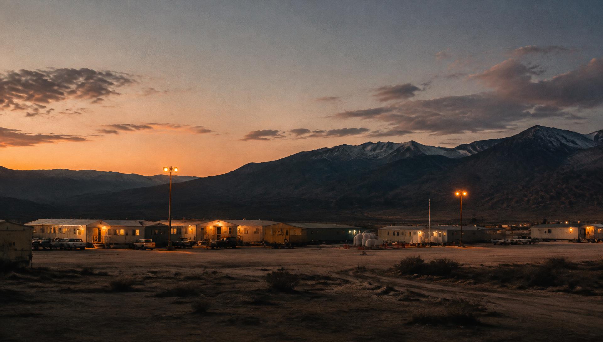 Lit modular trailers of a remote work camp beneath mountains at dusk.
