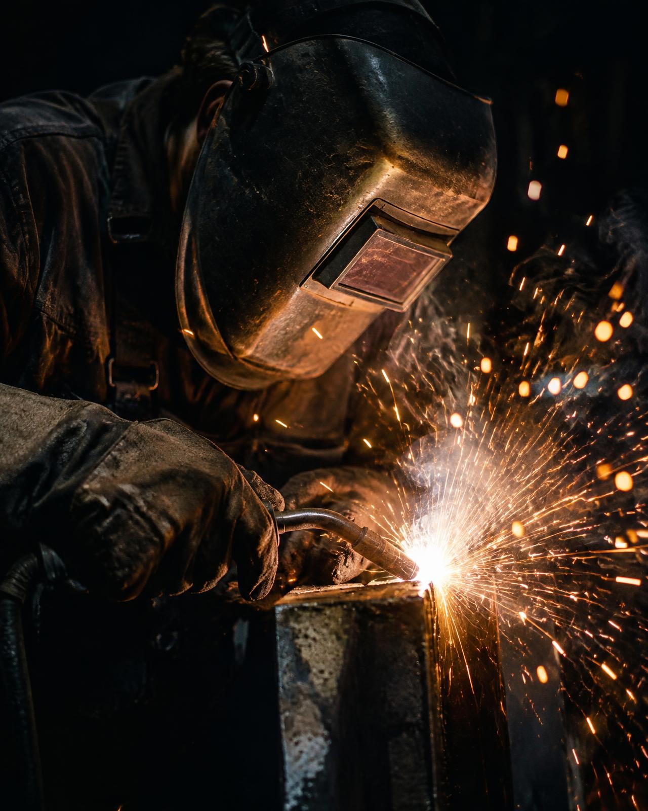 A welder in a hood, sparks bursting from the arc.